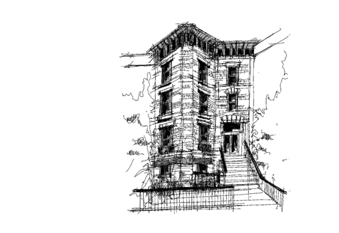 A sketched image of the exterior of a Brooklyn brownstone